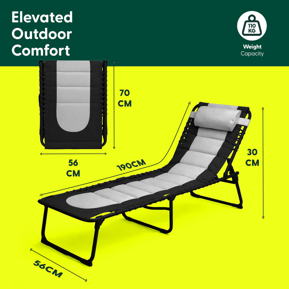 Charcoal Black Padded Sun Lounger Folded Compact – Portable Folding Garden Lounger Easy Storage