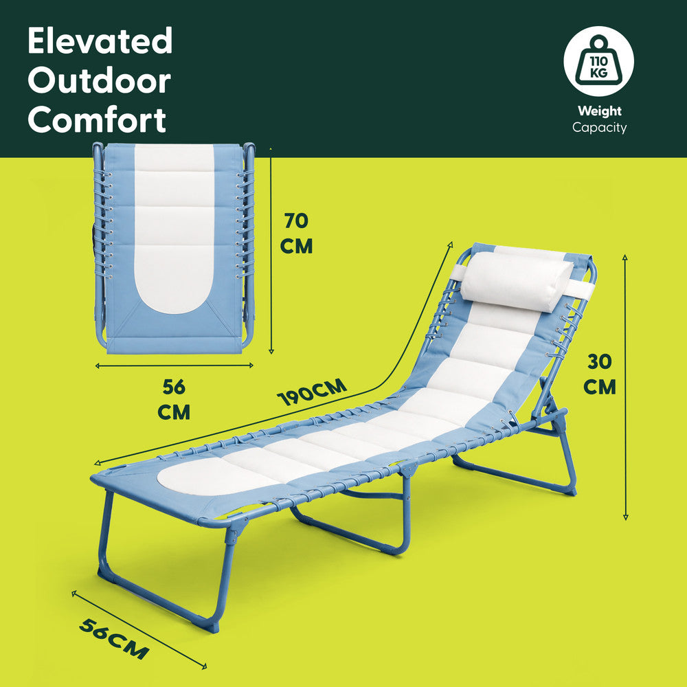 Blue Padded Sun Lounger Folded Compact – Portable Folding Garden Lounger Easy Storage UK