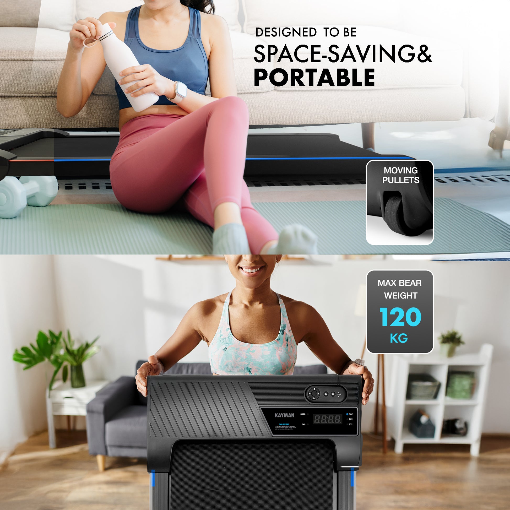 Kayman 3-in-1 Walking Pad Treadmill – Under Desk Electric Treadmill, Space-Saving, 120kg Capacity, 1–6km/h, Running, Walking & Working Modes, 2-Level Manual Incline, LED Display, Remote,900×400mm Belt – image 6