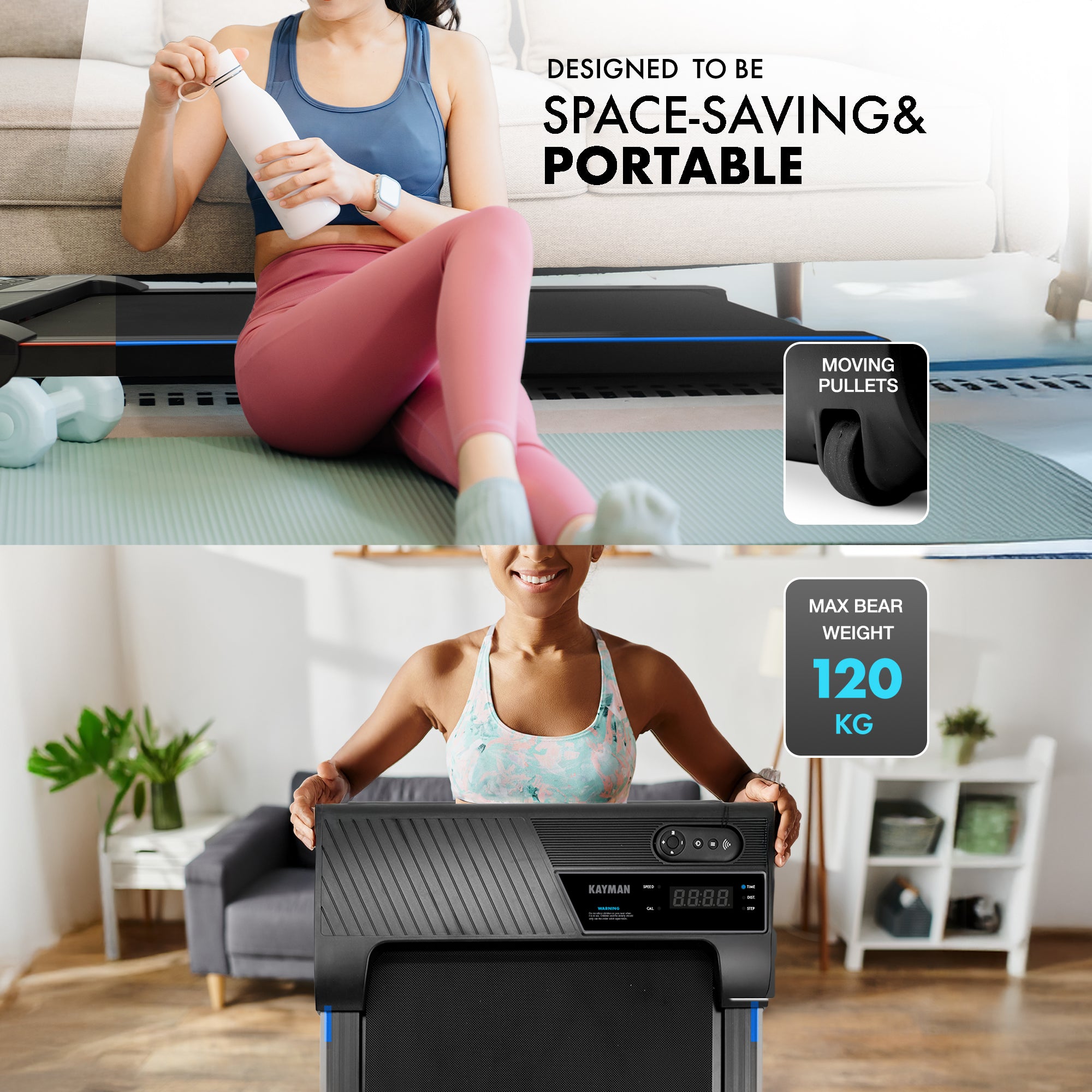 Kayman 3-in-1 Walking Pad Treadmill – Under Desk Electric Treadmill, Space-Saving, 120kg Capacity, 1–6km/h, Running, Walking & Working Modes, 2-Level Manual Incline, LED Display, Remote,900×400mm Belt