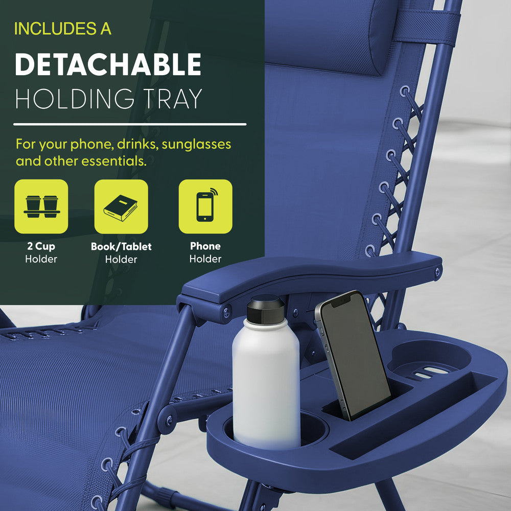 KEPLIN Set of 2 Heavy Duty Monocolour and Basic Textoline Zero Gravity Chairs for Garden Light Reclining Patio Sun loungers Easy to Clean Adjustable Head Rest Foldable with Cup & Phone Holder