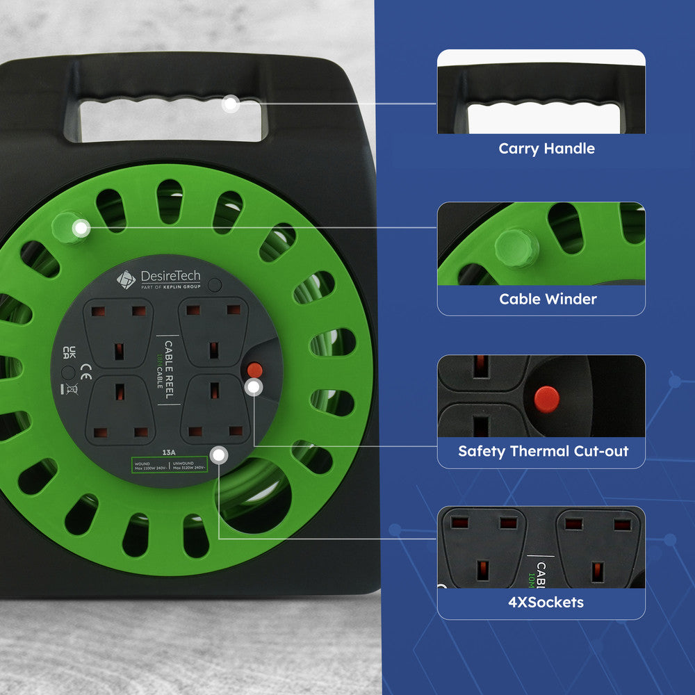 Desiretech Heavy-Duty Portable Cable Reel Extension Lead – 4 Shuttered Sockets, Thermal Cut-Out, Ergonomic Handle, Green/Black – Robust Extension Cord for Indoor Use – image 22