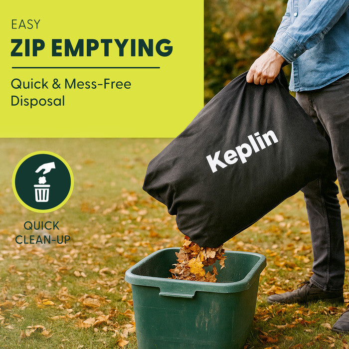 Keplin 35L garden vacuum collection bag being emptied into garden waste bin – quick zip disposal