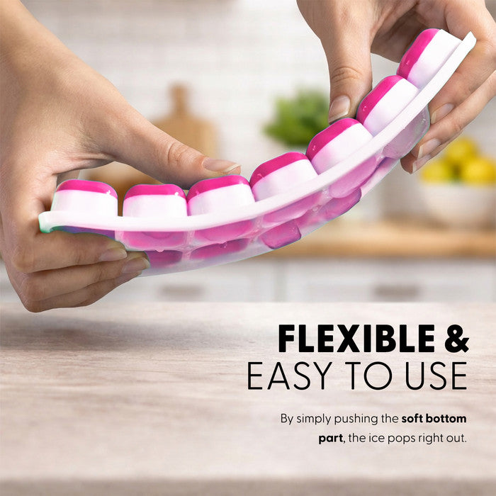 Hands bending flexible pink Keplin silicone ice cube tray to release ice cubes, easy-release soft bottom push-out design