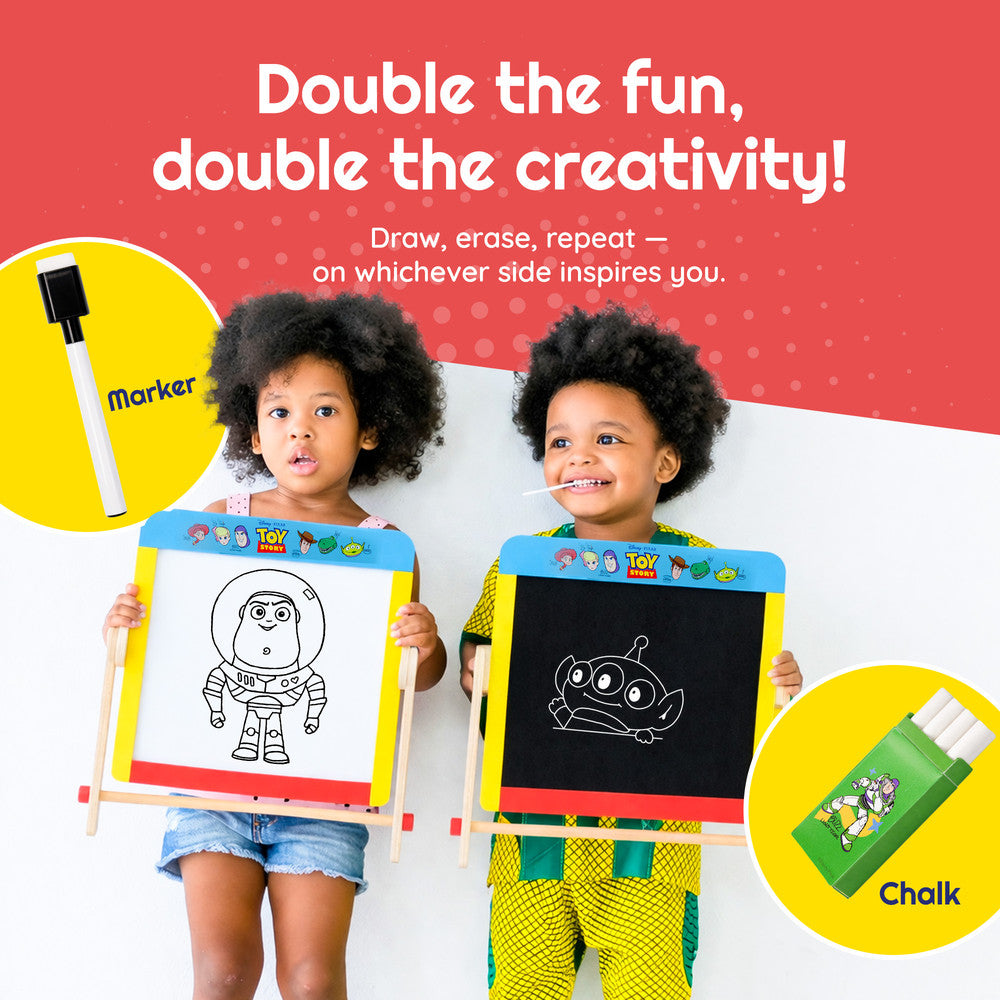 Toy Story kids chalkboard and whiteboard easel — accessories and storage tray detail