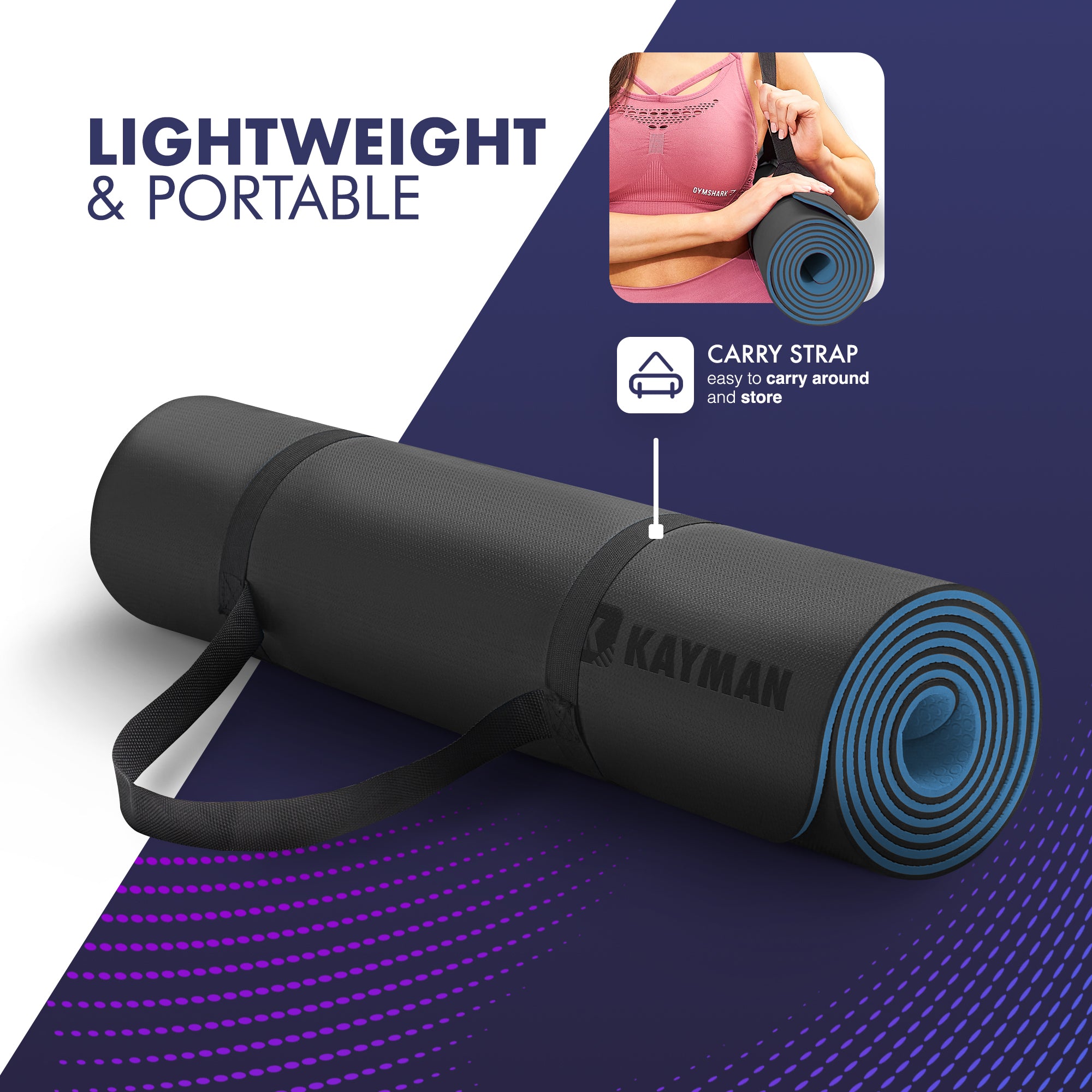 KAYMAN Yoga & Exercise Mat with Carry Strap, Large Non-Slip Comfortable Training & Workout Floor Mat for Home or Outdoor, Gym, Pilates, Gymnastics, HiiT, Stretching & Meditation