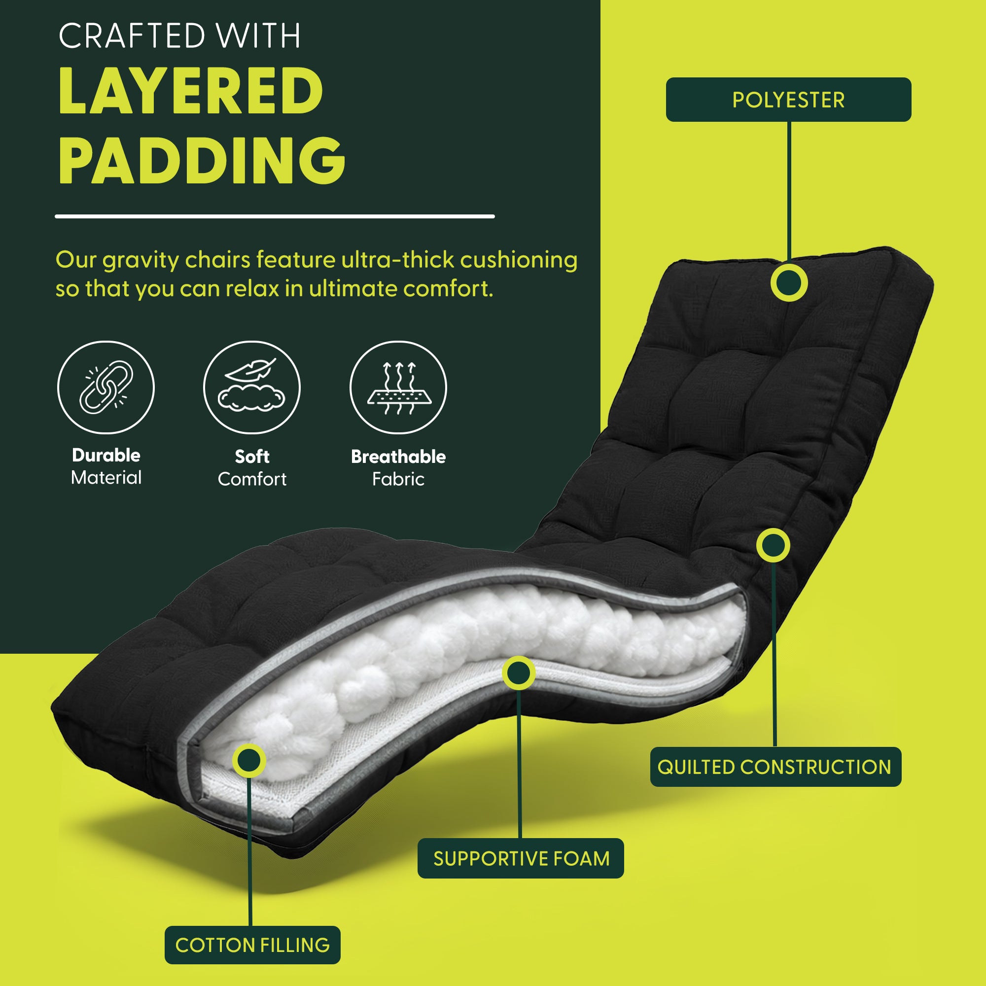 KEPLIN Square Tube Gravity Chair with Cushion – Extra-Wide 72cm Recliner, Adjustable Zero Gravity Lounger, Reinforced Frame, Supports 150kg, Premium Comfort for Indoor & Outdoor Relaxation