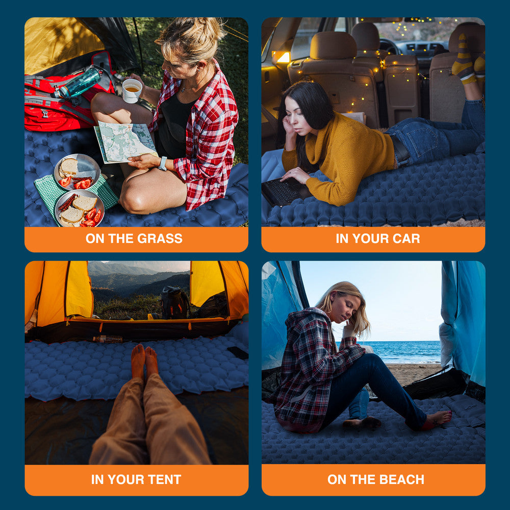 Blue single camping sleeping pads connected – linkable inflatable mats for friends and family camping