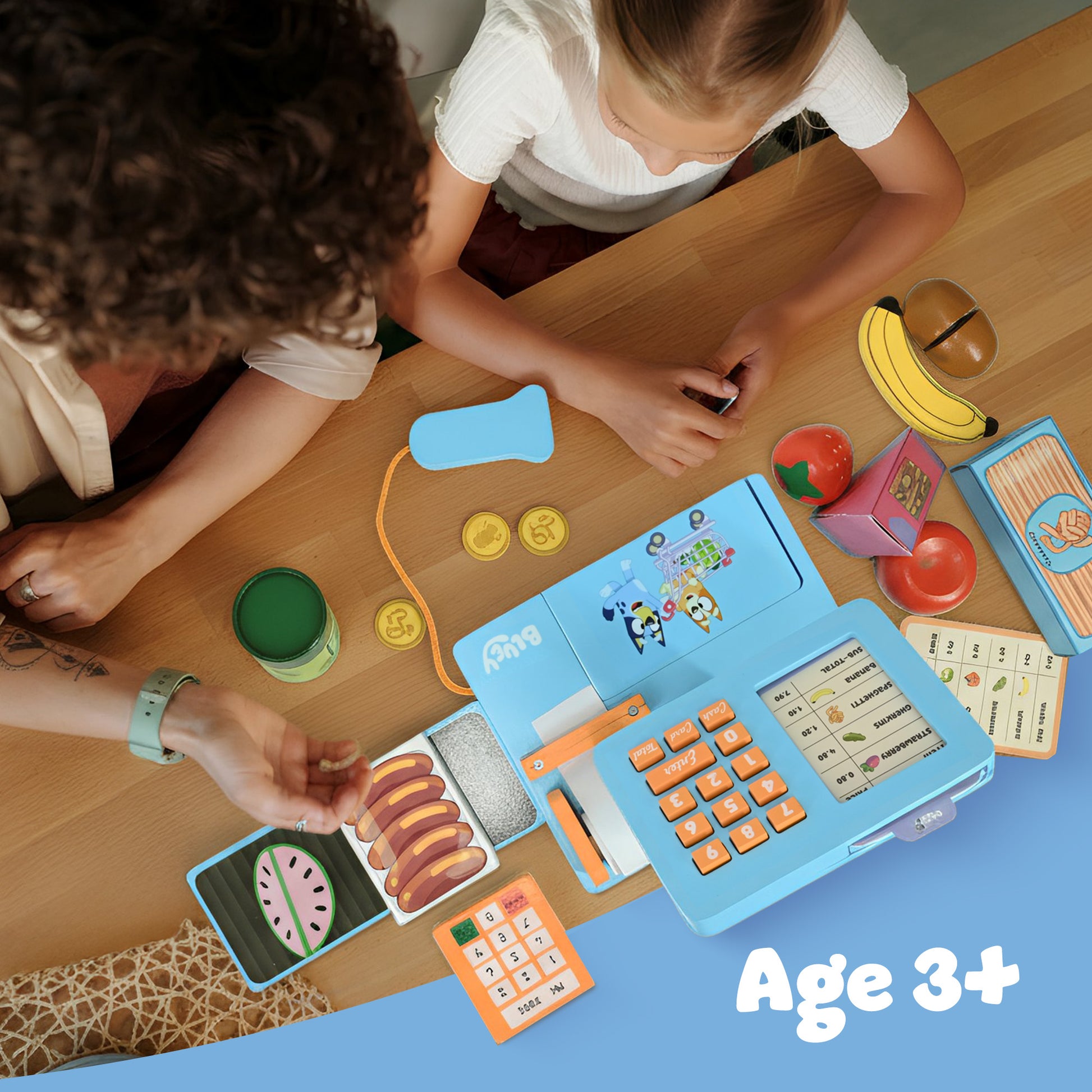 Bluey and Bingo cash register with toy credit card and play money – educational roleplay toy for kids