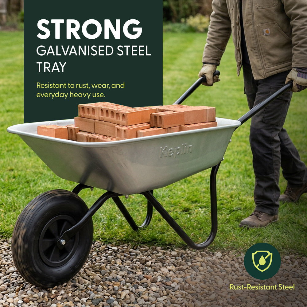 Lightweight 7.5kg steel wheelbarrow 65L – easy to manoeuvre, store and handle between garden uses