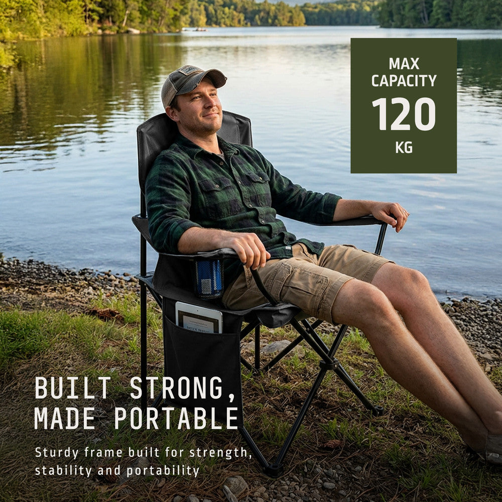 Black folding camping chairs with side storage pocket – holds phone, book or magazine for outdoor comfort