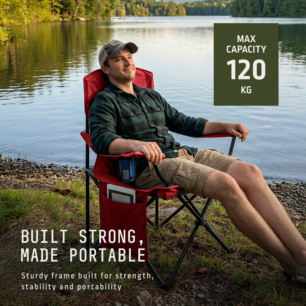 Red folding camping chairs with side storage pocket – holds phone, book or magazine for outdoor comfort