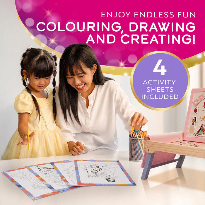 Mother and daughter colouring together using the Disney Princess creation station's activity sheets 