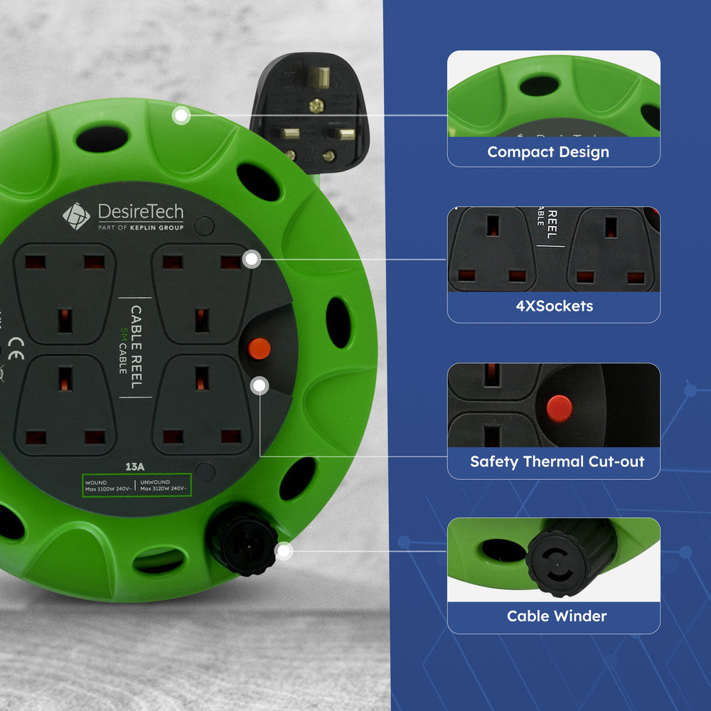 Desiretech Heavy-Duty Portable Cable Reel Extension Lead – 4 Shuttered Sockets, Thermal Cut-Out, Ergonomic Handle, Green/Black – Robust Extension Cord for Indoor Use – image 6