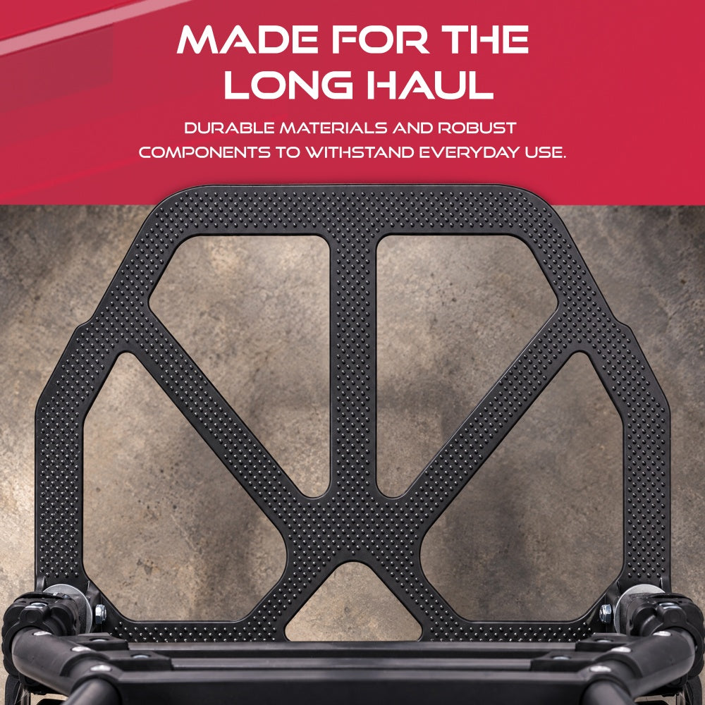 Top-down view of the textured steel base plate of the Haltons folding hand truck