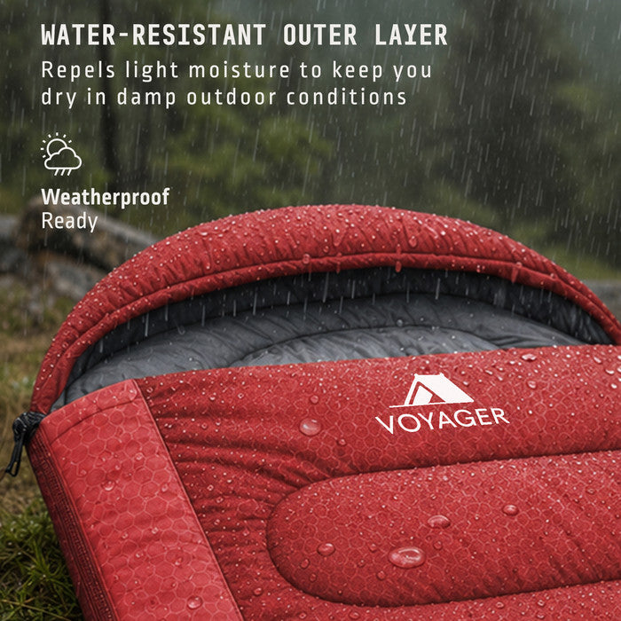 Person in red camping sleeping bag at campsite – comfortable adults sleeping bag for camping UK
