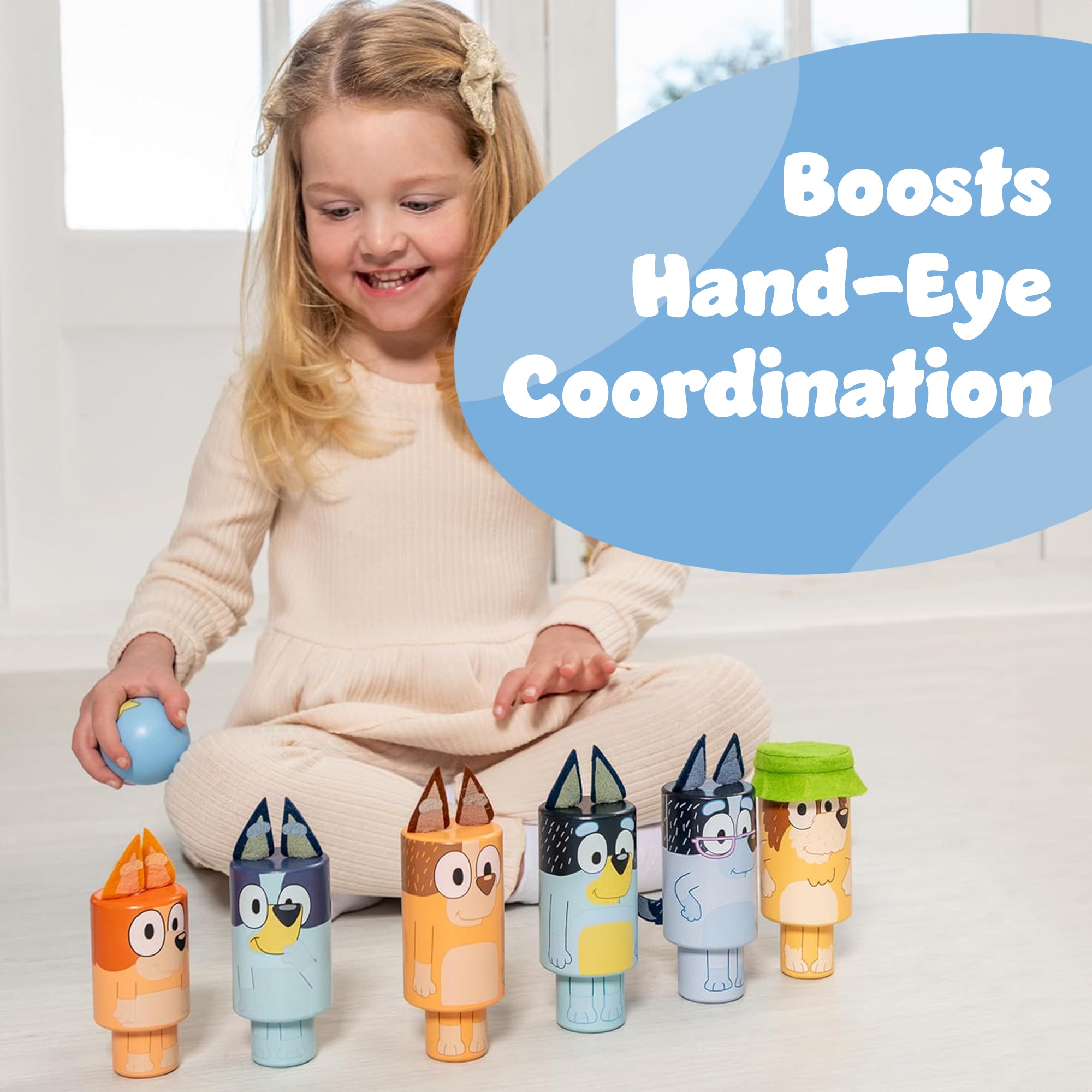 Bluey - Wooden Character Skittles Set - Indoor & Outdoor Bowling Game for Kids - 6 Character Pins & 1 Ball - Develops Motor Skills & Hand-Eye Coordination - FSC Certified, Ages 3+