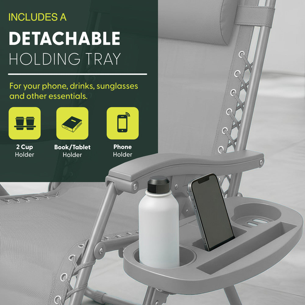 KEPLIN Set of 2 Heavy Duty Monocolour and Basic Textoline Zero Gravity Chairs for Garden Light Reclining Patio Sun loungers Easy to Clean Adjustable Head Rest Foldable with Cup & Phone Holder