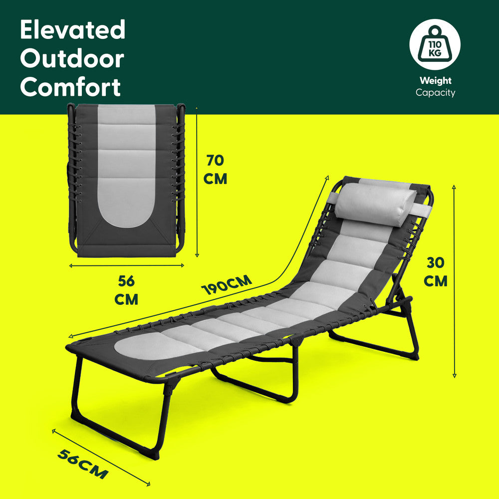 Light Grey Dark Grey Padded Sun Lounger Folded Compact – Portable Folding Garden Lounger Easy Storage