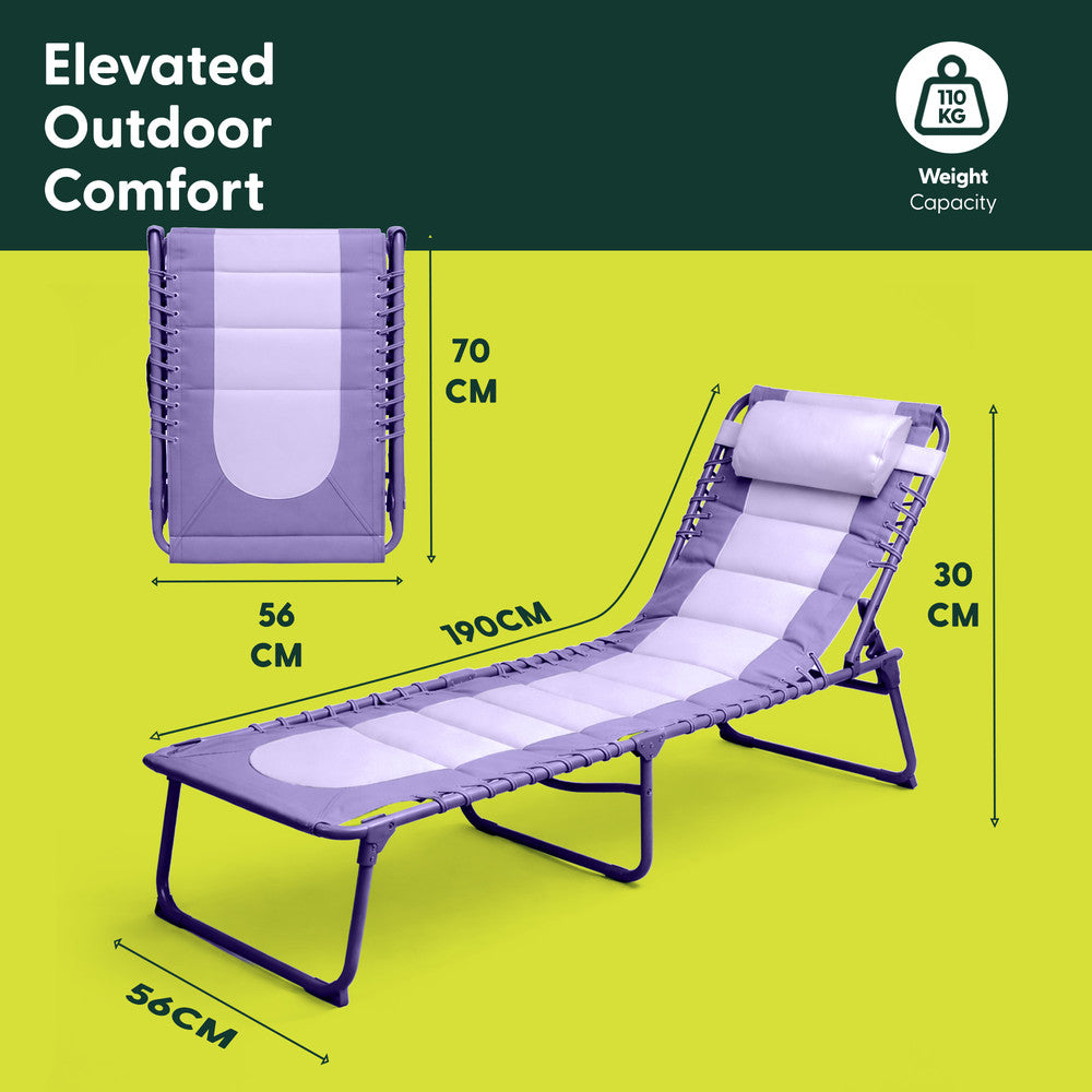 Lilac Padded Sun Lounger Folded Compact – Portable Folding Garden Lounger Easy Storage UK
