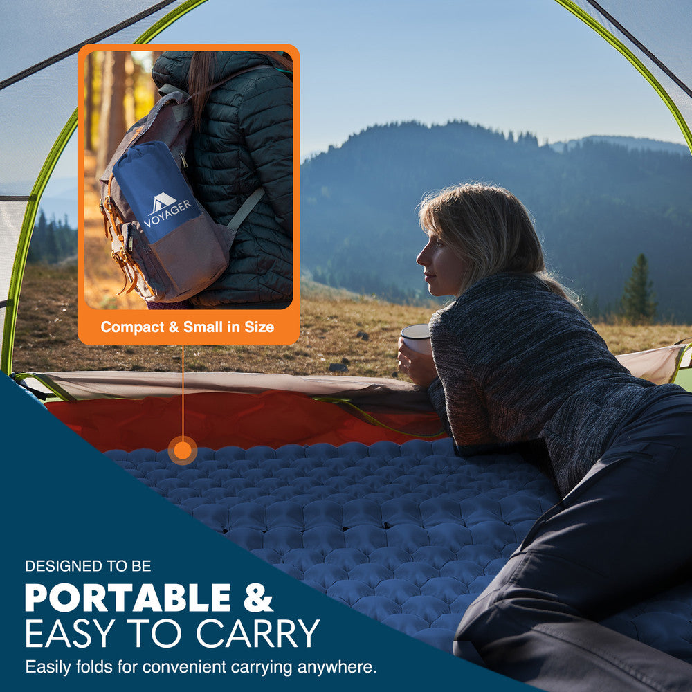 40D nylon surface texture on blue camping sleeping pad single – ergonomic durable support layer
