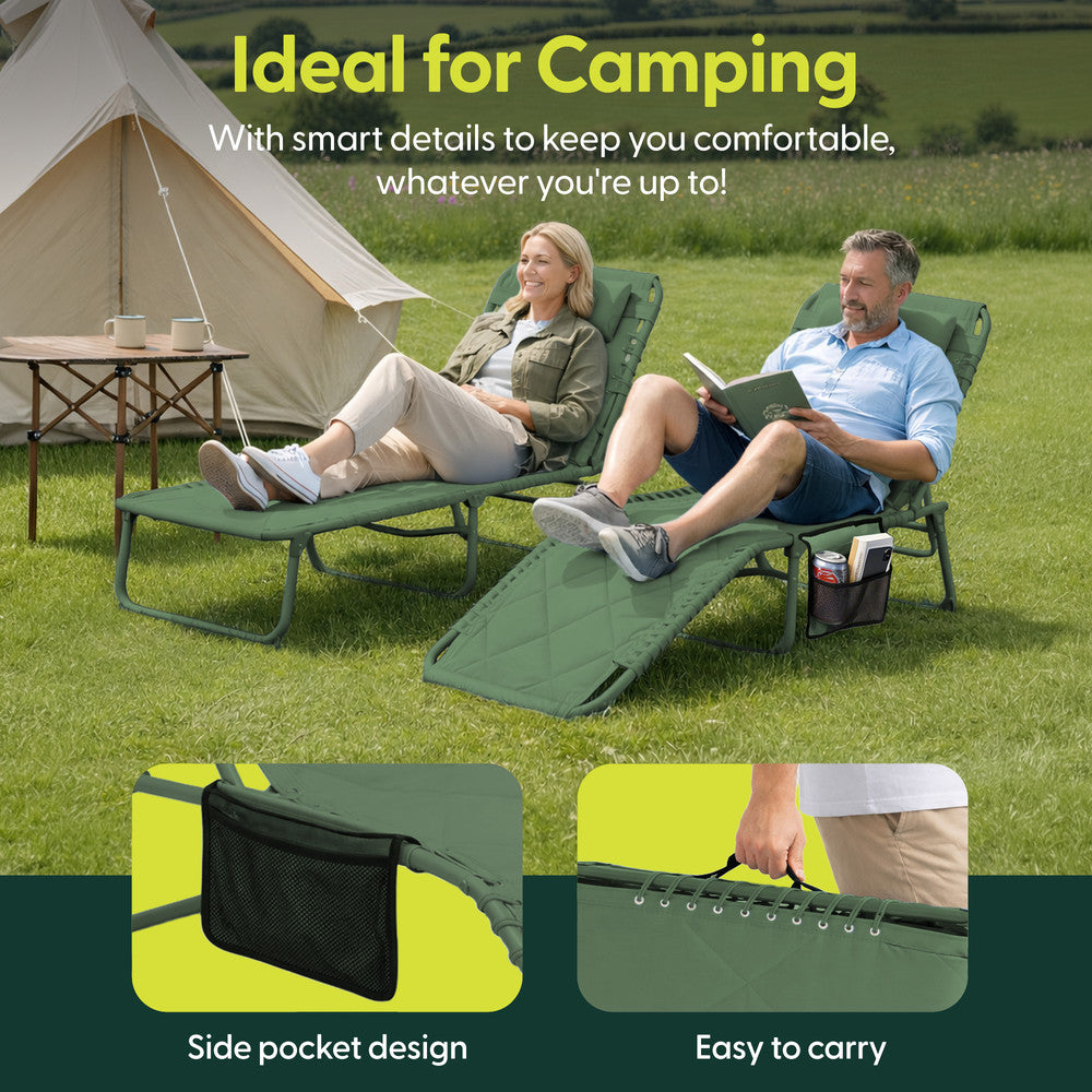 Keplin Green Folding Garden Sun Lounger Outdoors – Padded Recliner Chair with Headrest