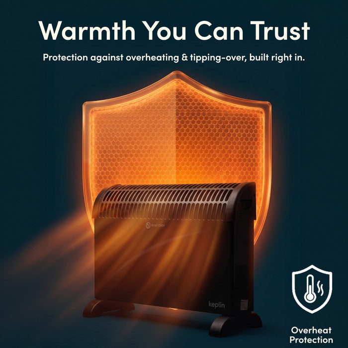 Black convector heater with overheat protection shield graphic for built-in safety