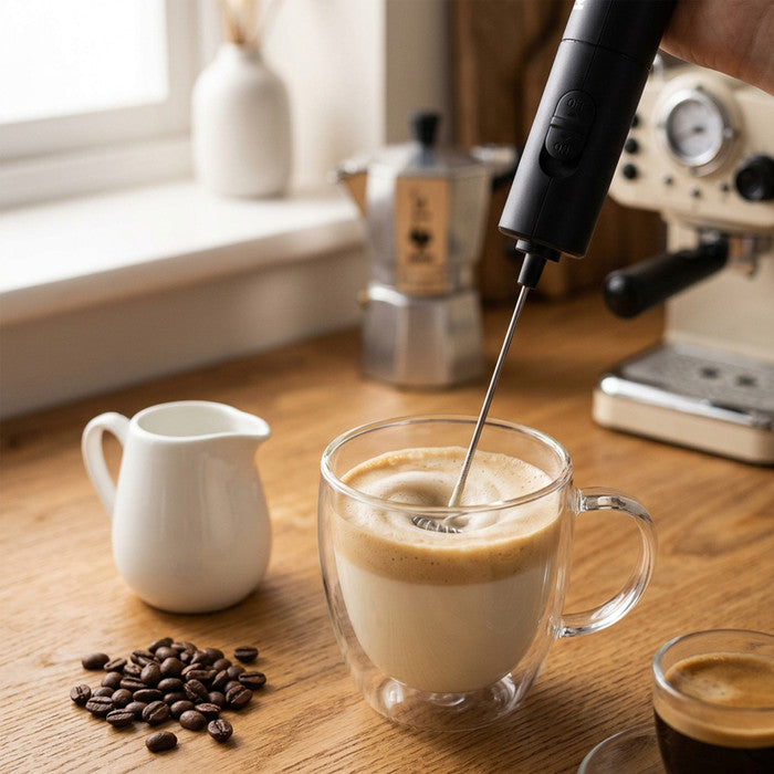 Slim handheld milk frother mixing coffee in double-walled glass mug with espresso machine