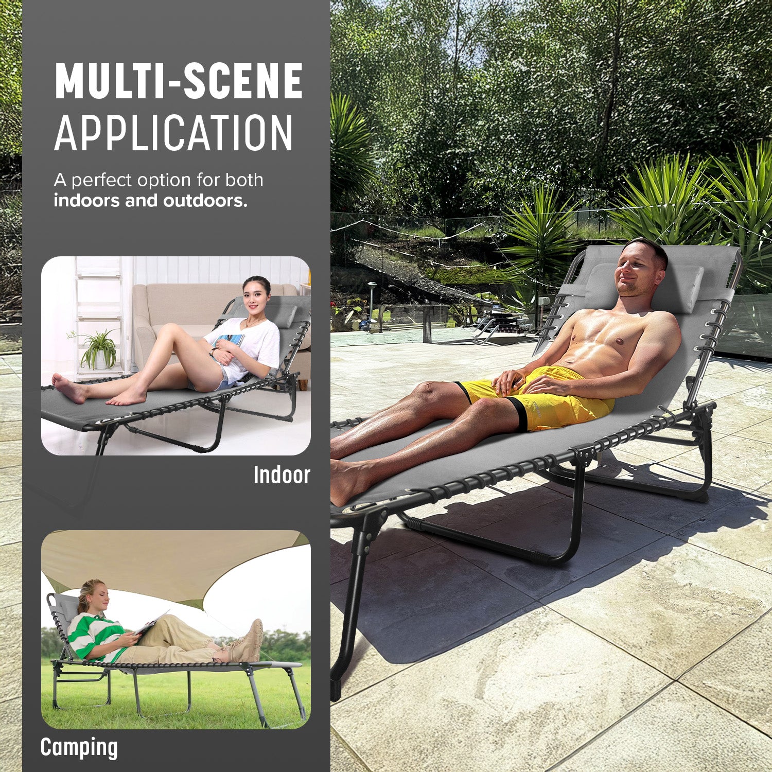 KEPLIN Foldable Recliner Sun Lounger - 600D Oxford Fabric - Adjustable Back and Leg Rests - Lightweight and Portable - Compact Space-Saving Design - Durable Outdoor Use - 190 x 65 x 30 cm
