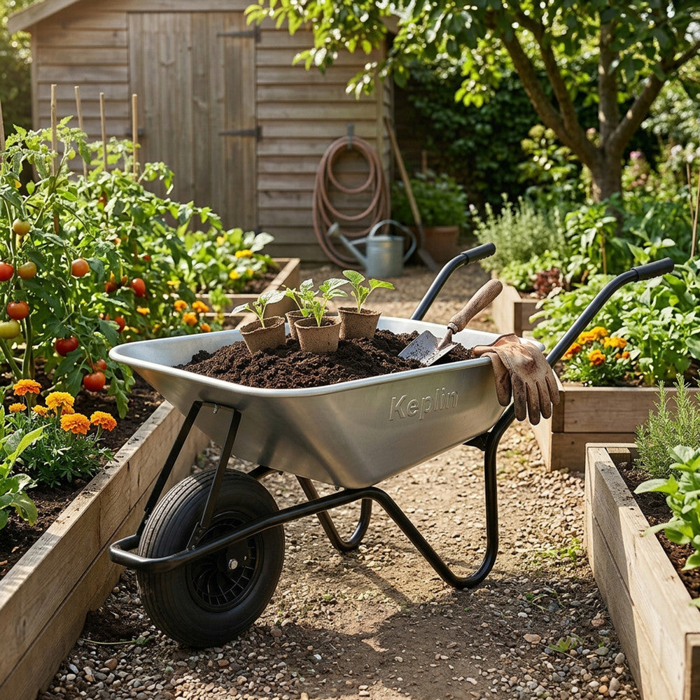 85L heavy duty steel wheelbarrow – lightweight 12.9kg design with single pneumatic tyre, UK gardens