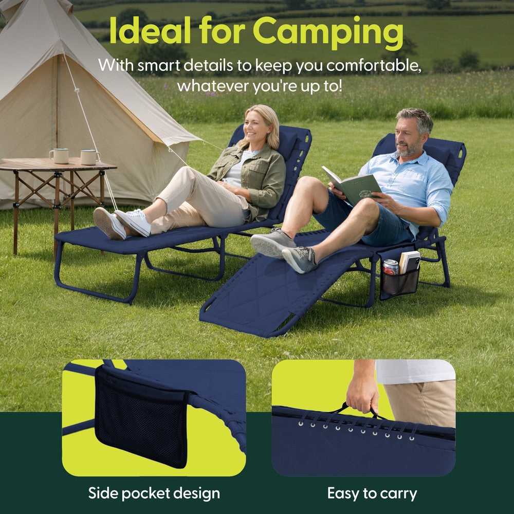 Keplin Navy Blue Foldable Sun Lounger in Garden – Padded Outdoor Recliner with Headrest