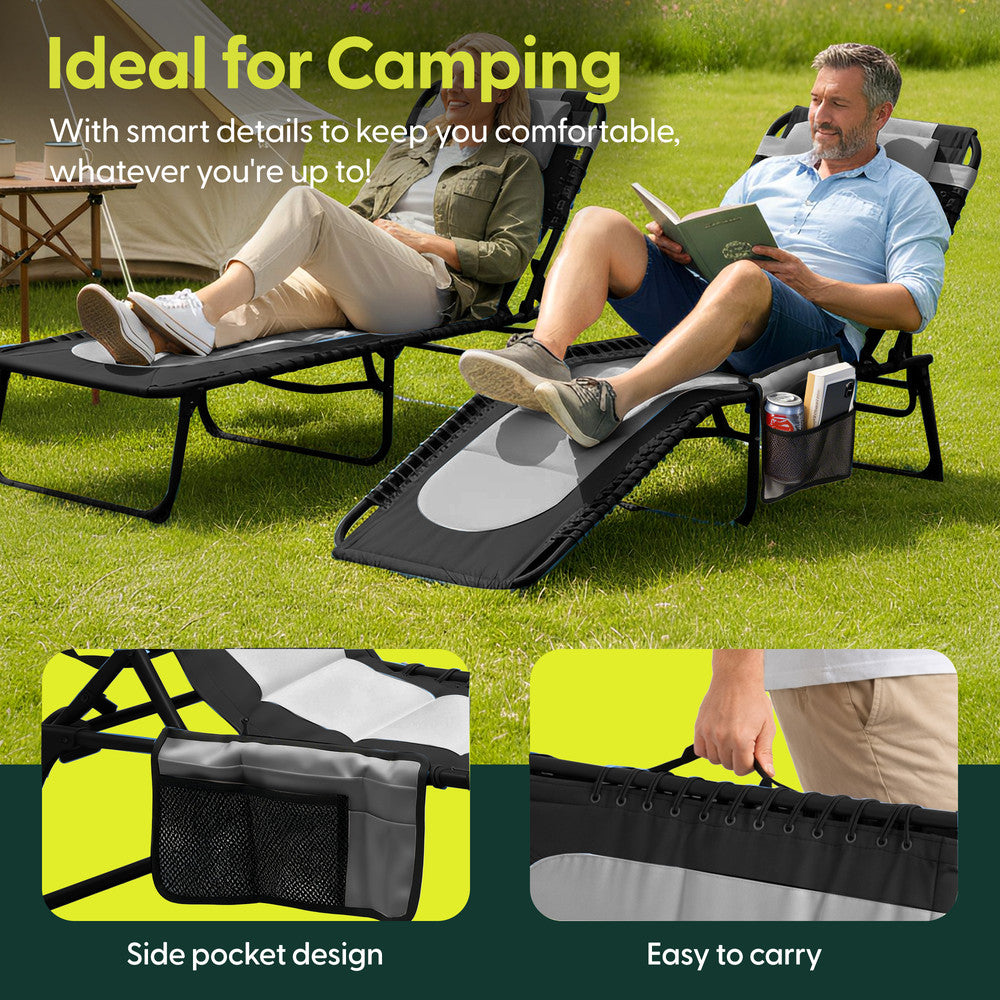 Keplin Charcoal Padded Garden Sun Lounger Outdoors – Foldable Recliner Chair with Pillow Included