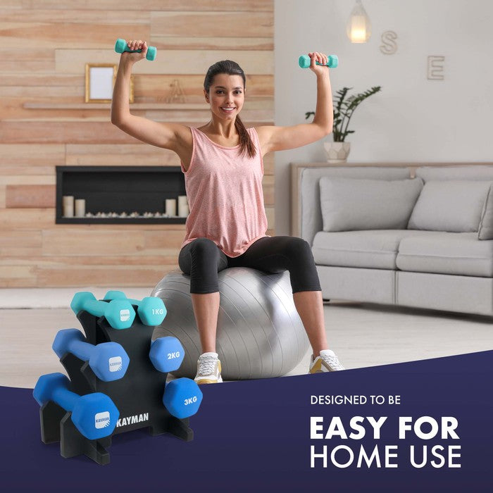 KAYMAN Neoprene Dumbbell Set, Anti-Slip Grip, Hex Edges, Water-Resistant Surface with Workout Poster Guide - Versatile Weight Set (1kg to 10kg) for Home, Gym & Fitness Training