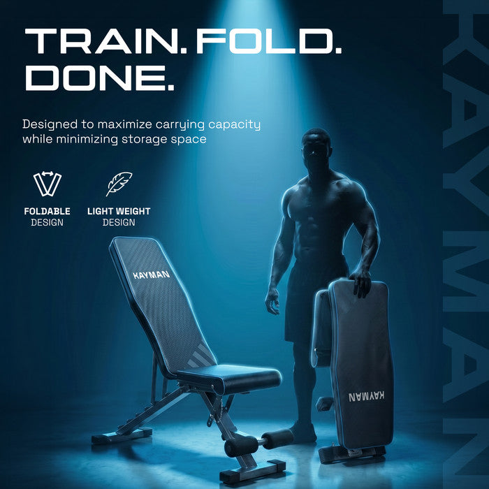 Kayman Adjustable Weight Bench - 6 Back Levels, 4 Seat Levels, 3 Leg Levels - Durable Steel, EPE Foam, PU - Foldable & Sturdy - Compact Home Gym Workout Bench (108x33x42-112 cm)