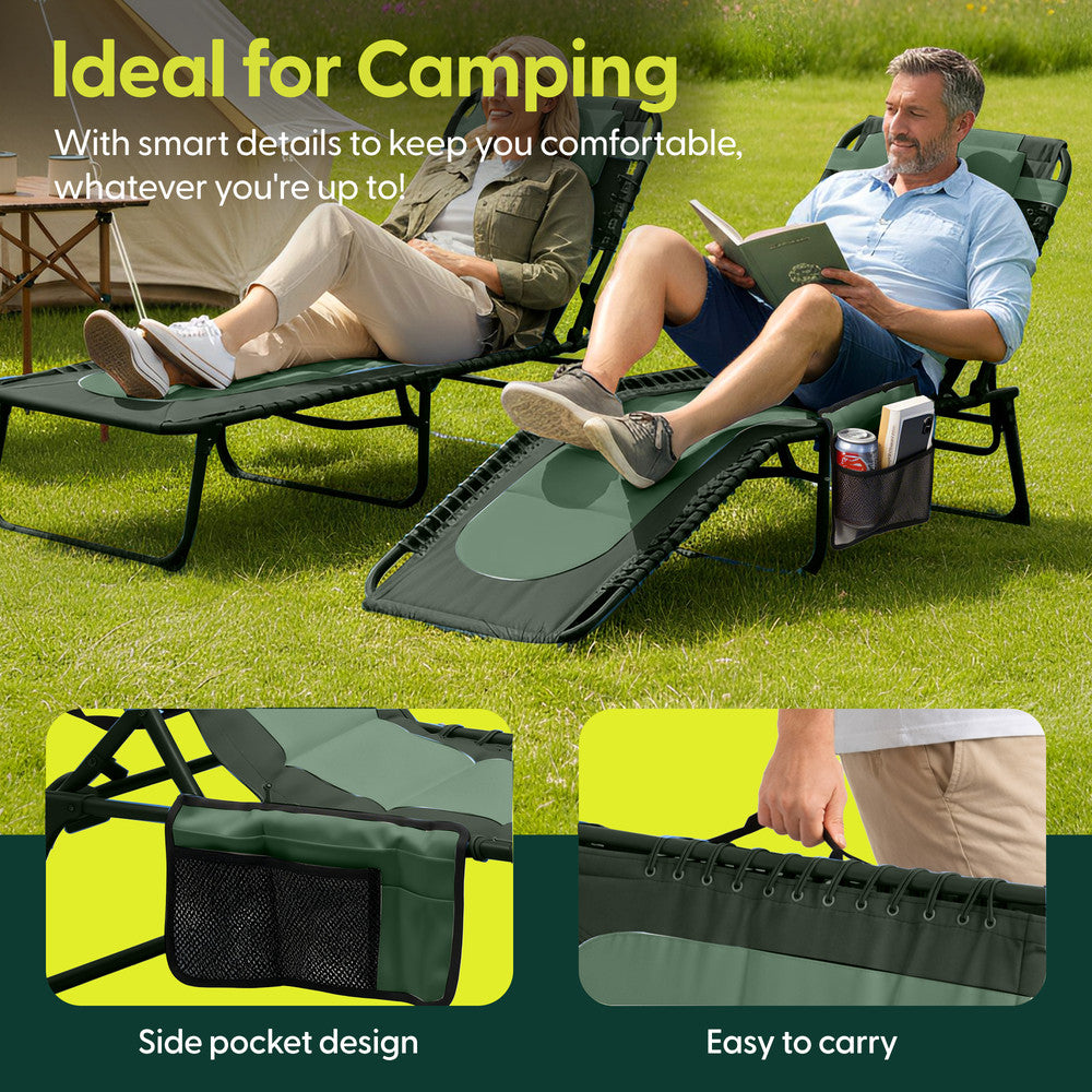 Green Padded Garden Recliner in Use Outdoors – Folding Sun Lounger 110kg Capacity Keplin