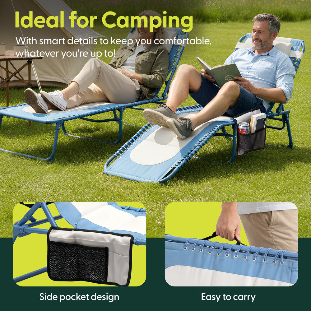 Keplin Blue Padded Garden Sun Lounger Outdoors – Foldable Recliner Chair with Pillow Included