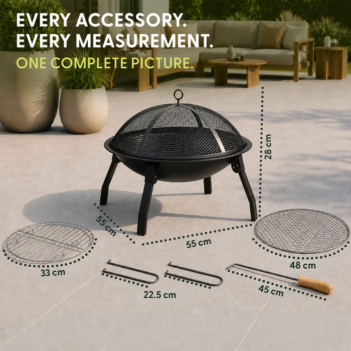 Folding fire pit unfolded to 55x55x28cm with spark guard lid