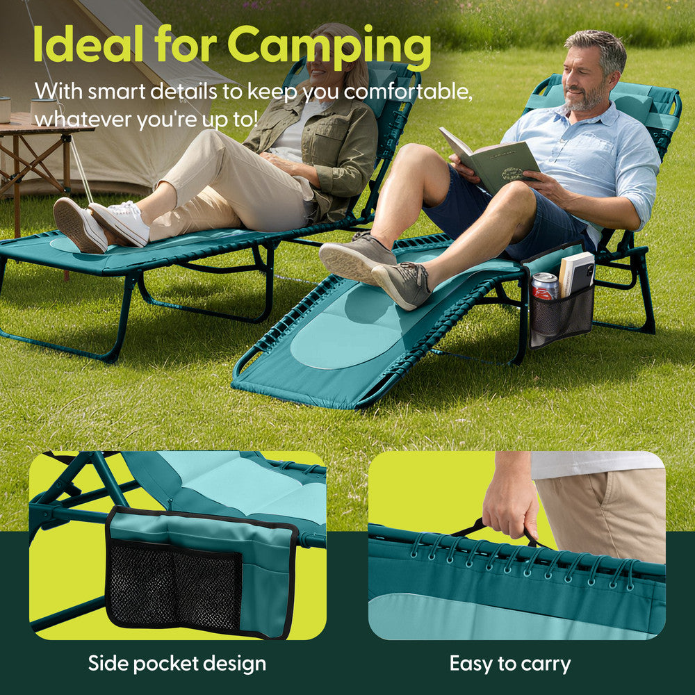Keplin Teal Padded Garden Sun Lounger Outdoors – Foldable Recliner Chair with Pillow Included