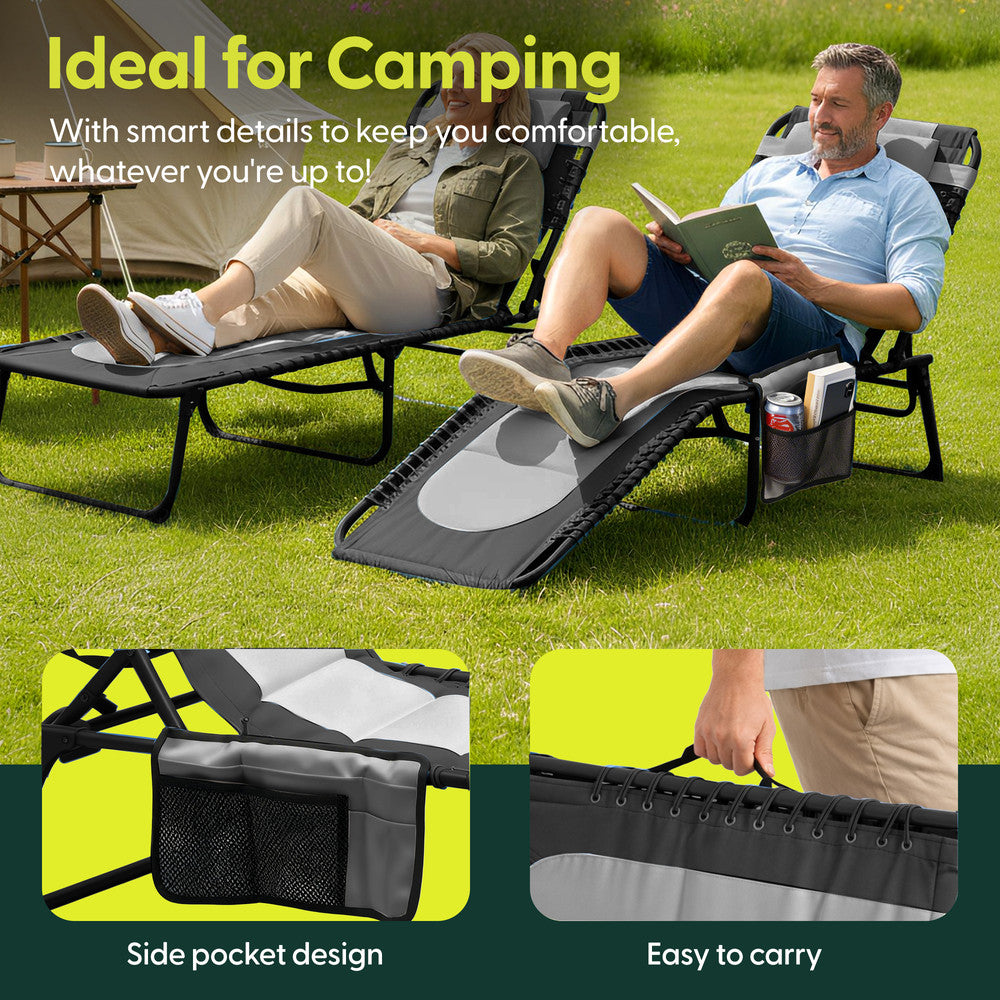 Keplin Grey Padded Folding Garden Sun Lounger – 600D Oxford Outdoor Recliner with Pillow