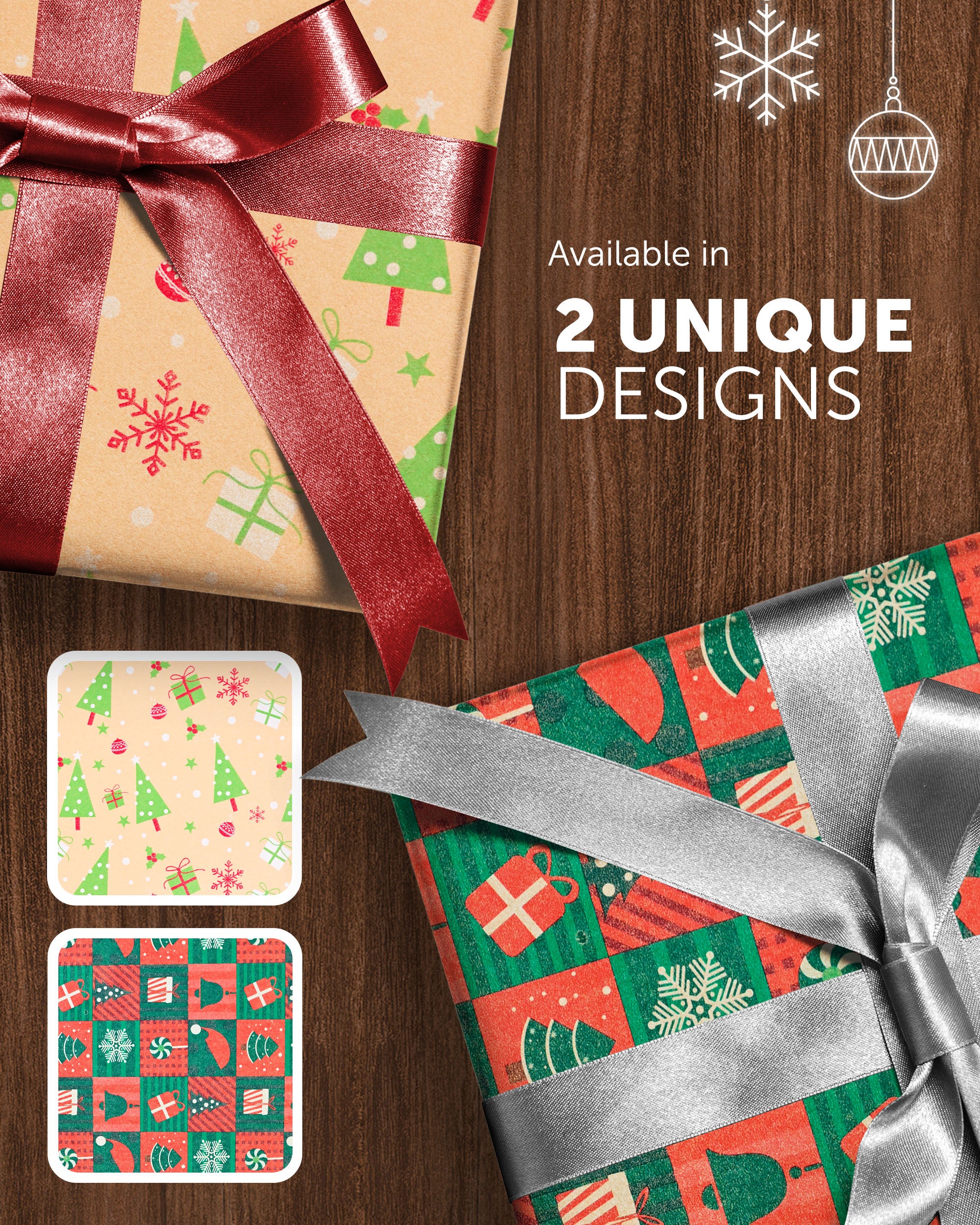 Kraft & Co 2 Pack Christmas Wrapping Paper Roll - Festive Designed Recyclable Kraft Paper, Perfect for Holiday Gifts, Arts & Crafts-Wrapping for a Merry Christmas (44.5cm x 25m)