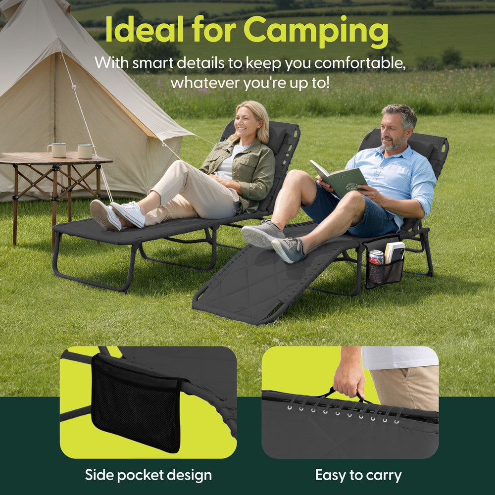 Keplin Dark Grey Outdoor Sun Lounger – Foldable Padded Garden Recliner Chair with Headrest