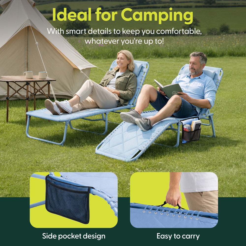 Keplin Blue Foldable Outdoor Garden Sun Lounger – Padded Recliner Chair with Headrest
