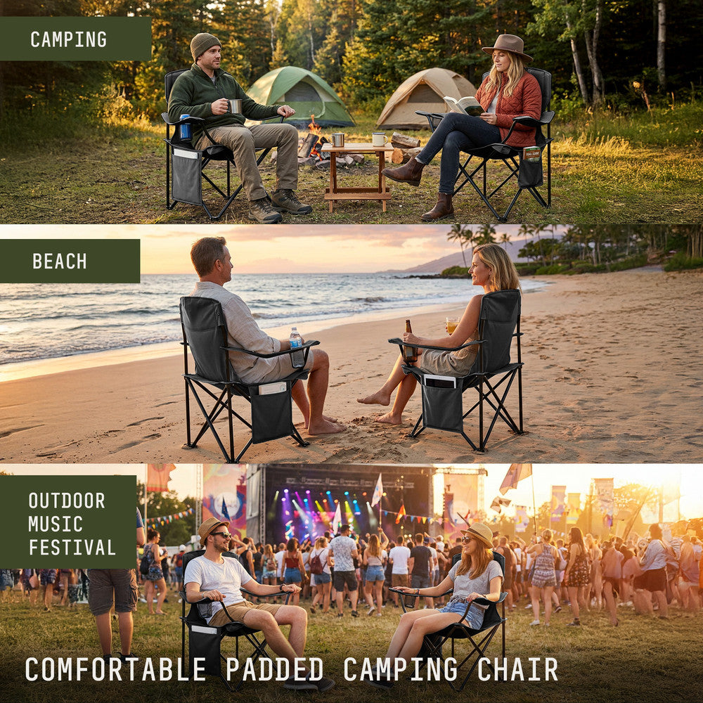 Camping chairs 2-pack black with carry bag – stable on grass, gravel and uneven ground at UK campsites