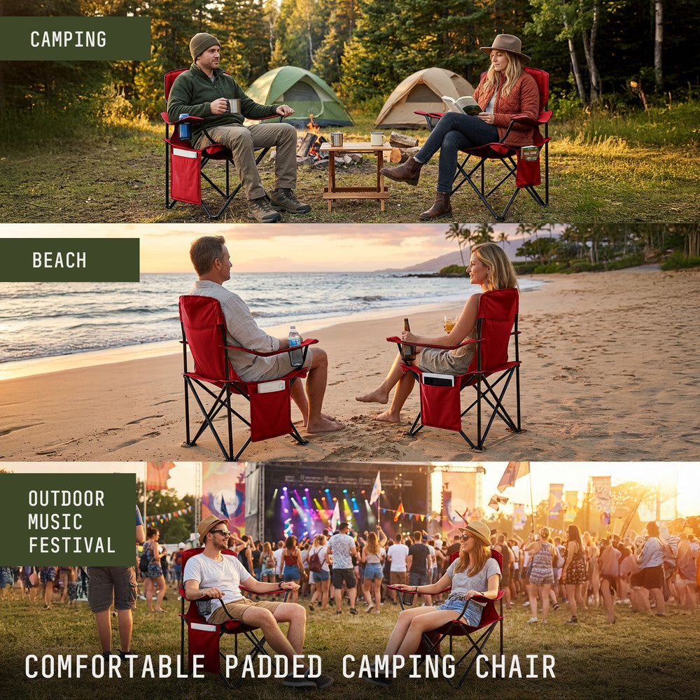Camping chairs 2-pack red with carry bag – stable on grass, gravel and uneven ground at UK campsites