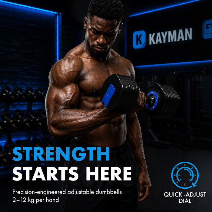 Kayman 24kg Adjustable Dumbbell Set (2x12kg Pair) — 12-in-1 Quick-Dial System with Safety Lock, 6 Weight Levels: 2/4/6/8/10/12kg per Dumbbell, Home Gym Strength Training