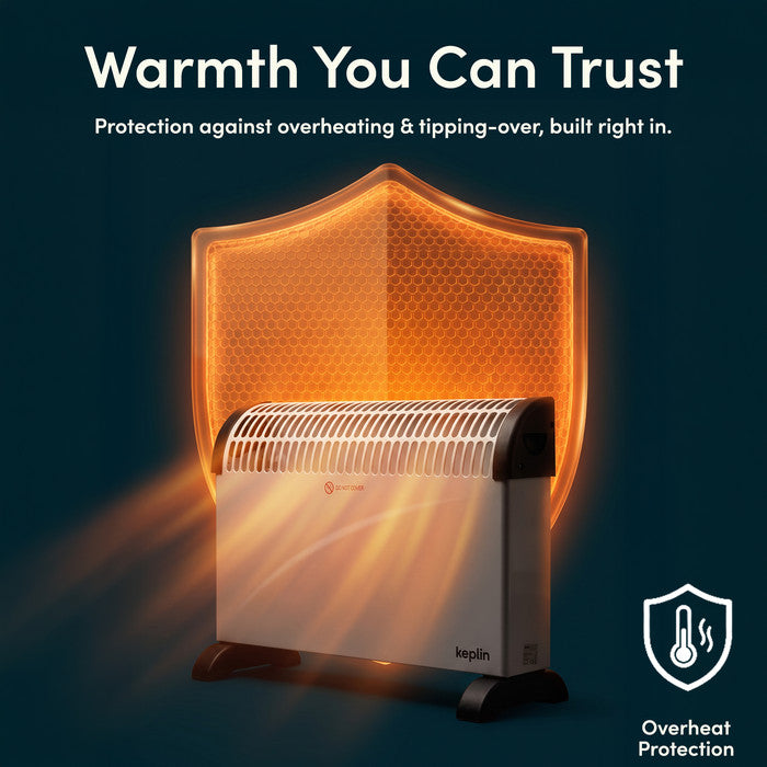 White convector heater with overheat protection shield graphic for built-in safety