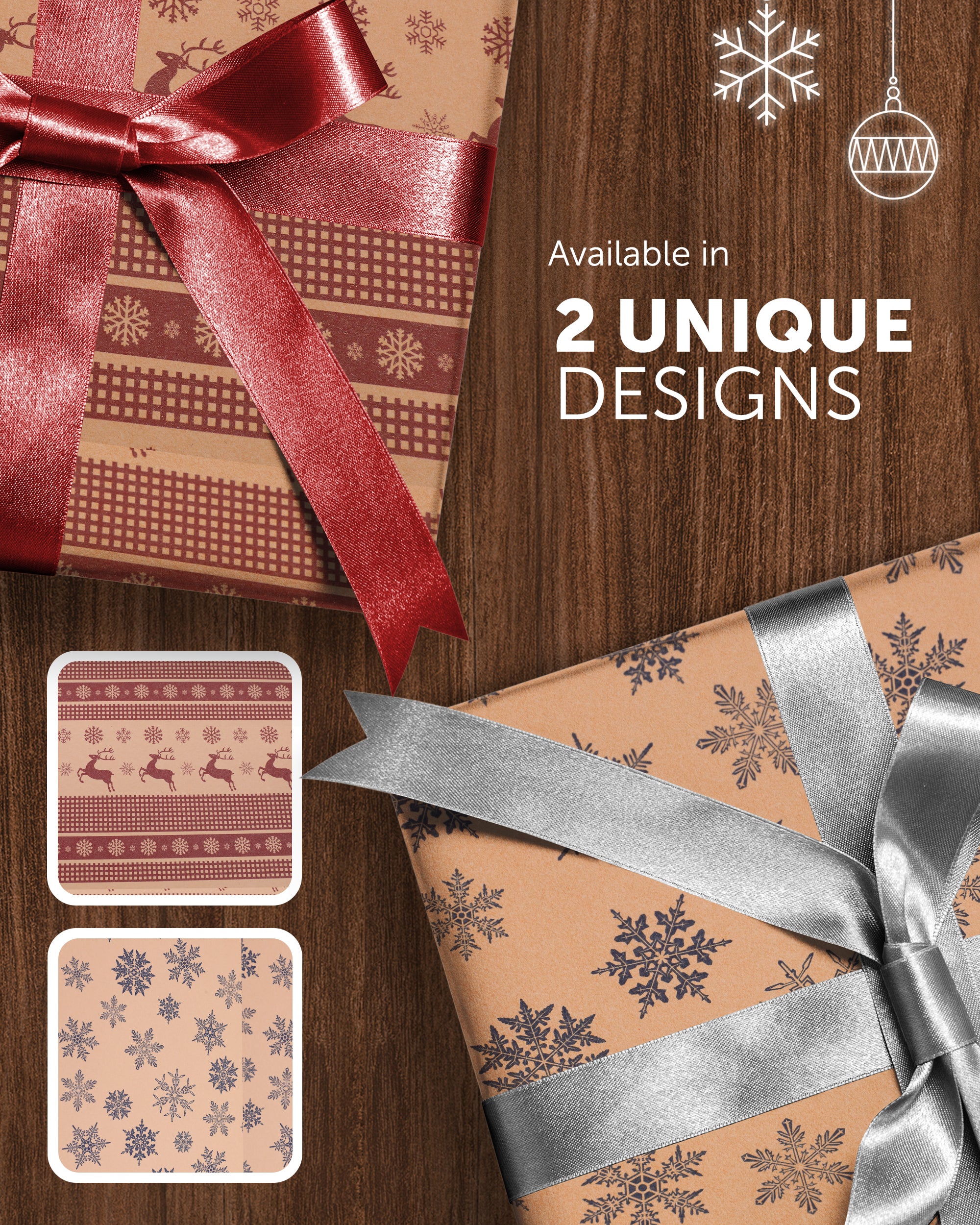 Kraft & Co 2 Pack Christmas Wrapping Paper Roll - Festive Designed Recyclable Kraft Paper, Perfect for Holiday Gifts, Arts & Crafts-Wrapping for a Merry Christmas (44.5cm x 25m)