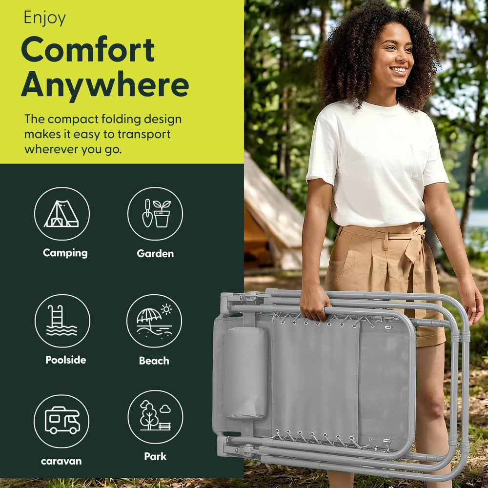 KEPLIN Set of 2 Heavy Duty Monocolour and Basic Textoline Zero Gravity Chairs for Garden Light Reclining Patio Sun loungers Easy to Clean Adjustable Head Rest Foldable with Cup & Phone Holder