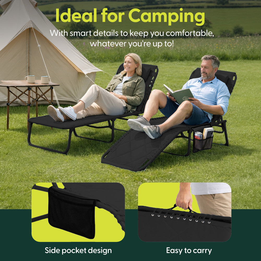 Keplin Charcoal Black Padded Sun Lounger Outdoors – Foldable Garden Lounger with Headrest