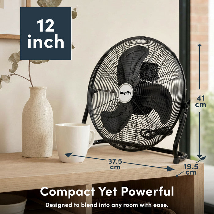 12 inch floor fan black guard and blade detail